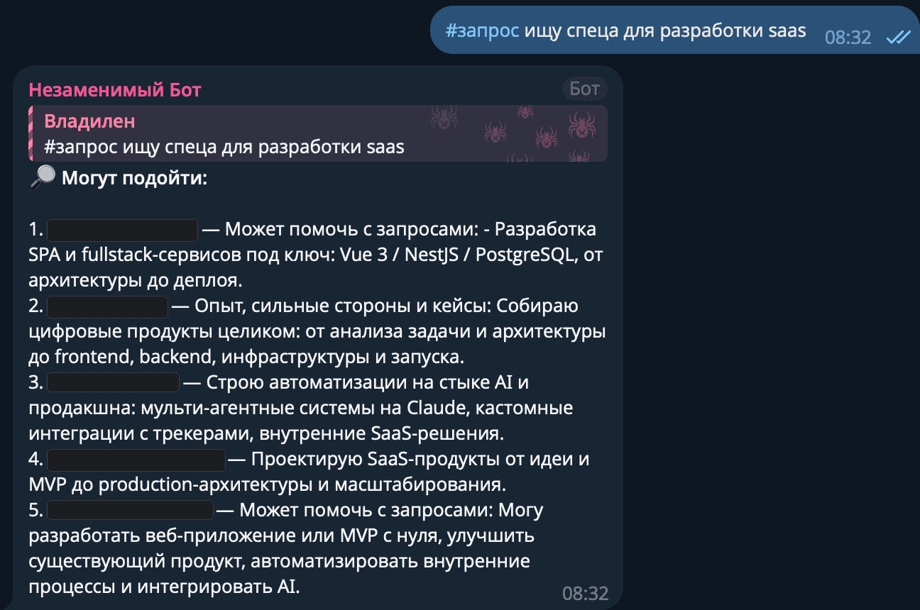 Сообщение бота в Telegram: запрос «ищу спеца для разработки saas» и пять подобранных участников, у каждого — фрагмент из анкеты